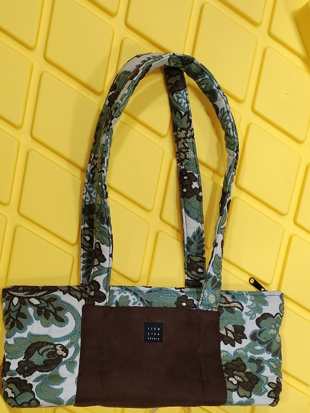 1154 Lill Studio Green Floral Shoulder Bag with Brown Panel